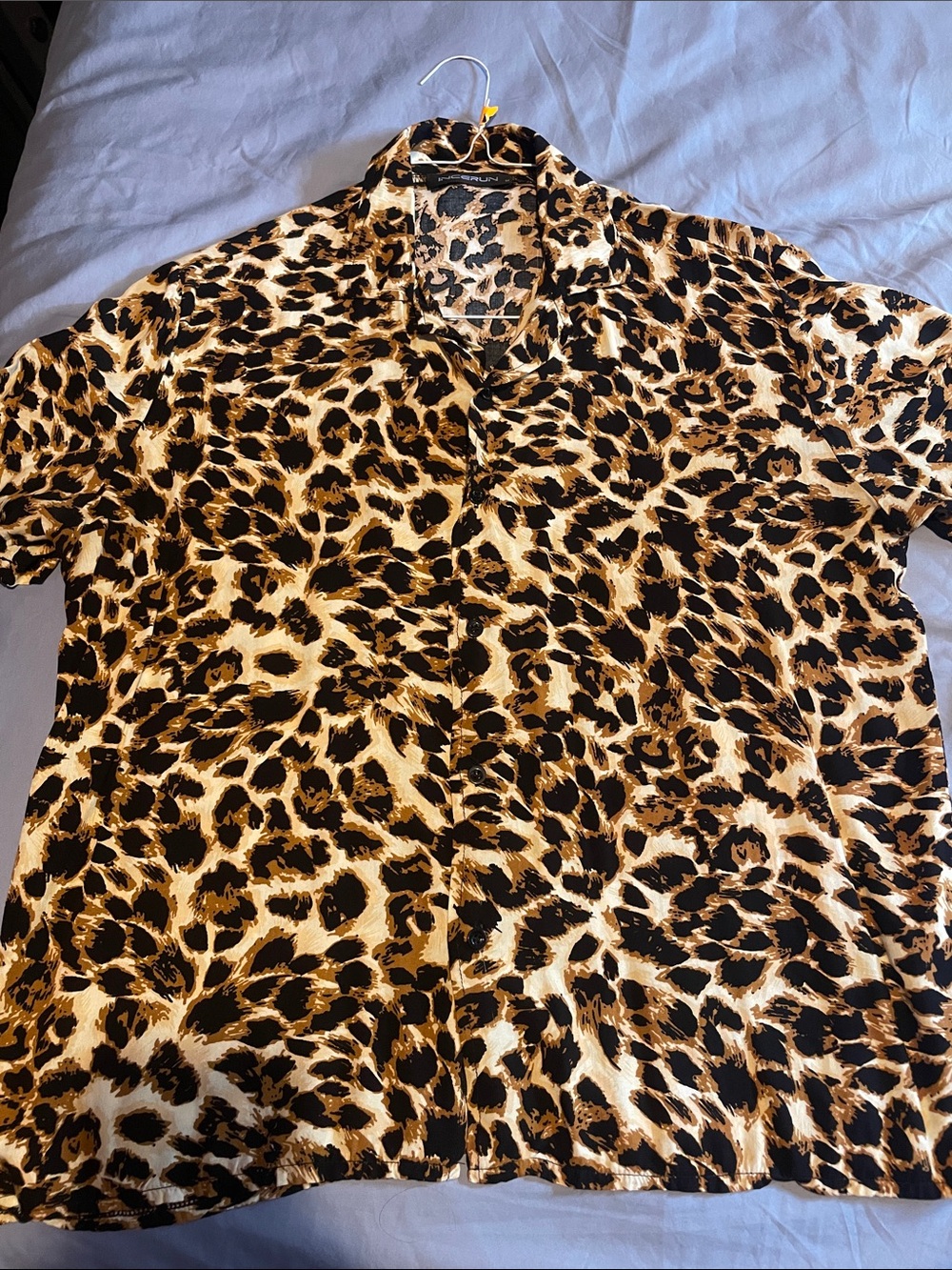 Men's Short-Sleeve Leopard Print Button-Down Shirt - Black & Brown